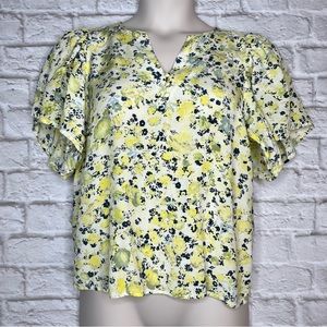 Aware By Vero Moda Floral Blouse Women’s L Yellow Short Flutter Sleeve